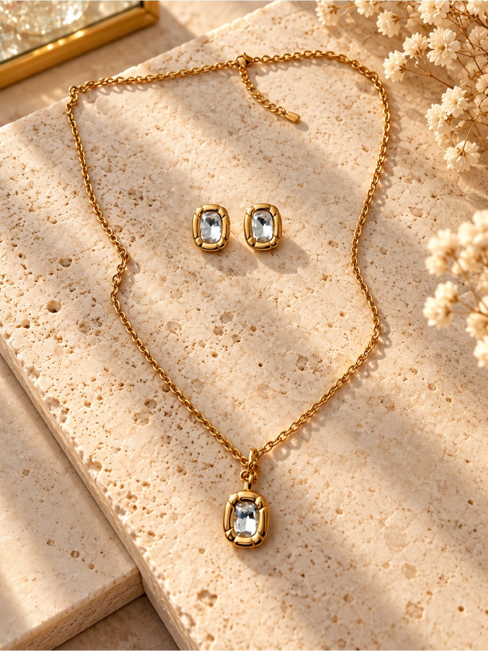 Anthropologie Gold Pendant Necklace and Earring set with Clear Crystal